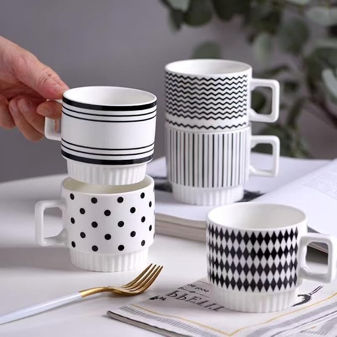 Stackable Coffee Mugs Set of 2, Simple Geometric Patterns Coffee Mug, 12oz Tea Cup Set, Espresso Cups, Stacked Mug Set for Household Party Housewarming Gift（1）