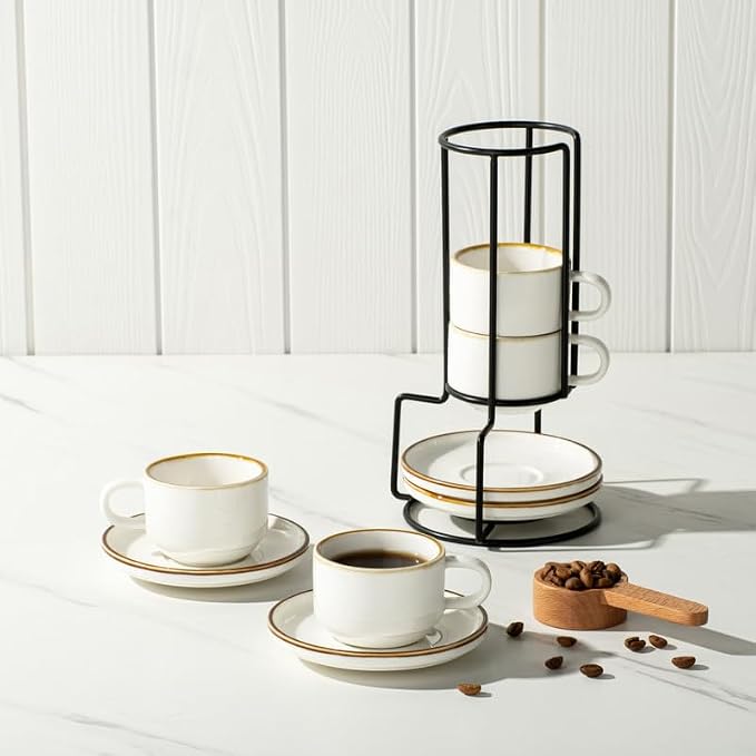 ONEMORE 2.5 Oz Espresso Cups Set of 4, Stackable Porcelain Coffee Cups with Saucers and Metal Stand, White Demitasse Mugs for Espresso, Cappuccino, Latte, Microwave & Dishwasher Safe