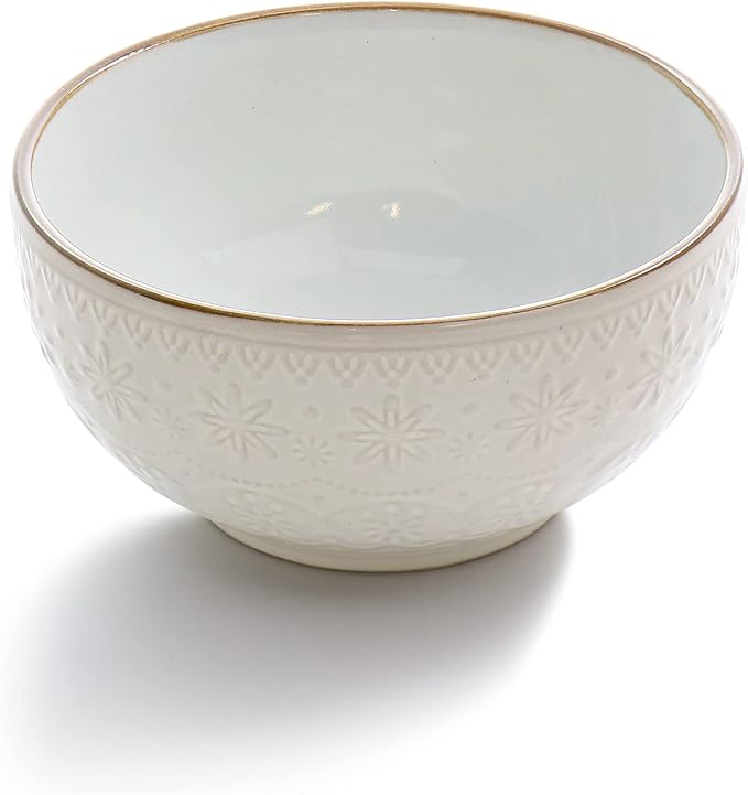 Elama Countess 16 Piece Embossed Double Bowl Stoneware Dinnerware Set in Ivory