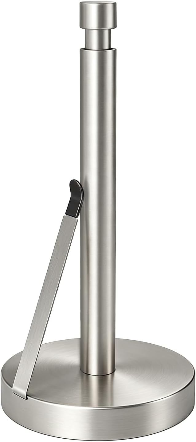 YUMORE Heavy Duty Stainless Steel Paper Towel Holder – Easy One-Handed Tear, Weighted Base Non-Slip, Tension Arm Prevents Unraveling, Countertop Paper Stand for Kitchen, Fits Most Size Rolls (Silver)