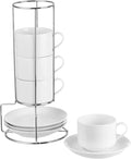 8oz Porcelain Cappuccino Cups with Saucers and Metal Stand, Stackable Coffee Cups for Specialty Coffee Drinks, Cappuccino, Latte, Espresso, Americano and Tea - White Cups Set of 4