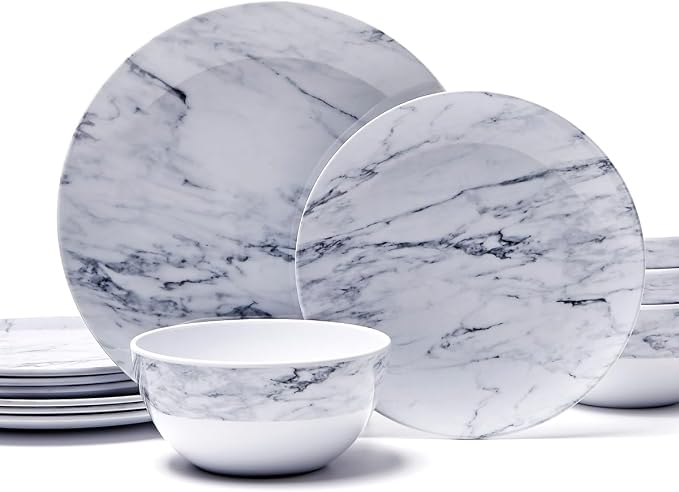 TP 12-Piece Melamine Dinnerware Sets, Plates and Bowls Dishes Set for 4, Break-Resistant & Non-Microwavable, Lightweight Dinner Plates, Marble Pattern