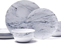 TP 12-Piece Melamine Dinnerware Sets, Plates and Bowls Dishes Set for 4, Break-Resistant & Non-Microwavable, Lightweight Dinner Plates, Marble Pattern