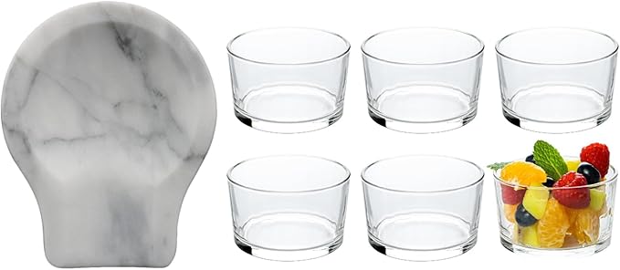 Marble Spoon Rest for Kitchen Counter, Stove Top, Spatula, Tongs Holder with Non-Slip Silicone Feet, 1 Pack + Set of 6 Glass Small Bowls, 7.5oz Clear Mini Bowls