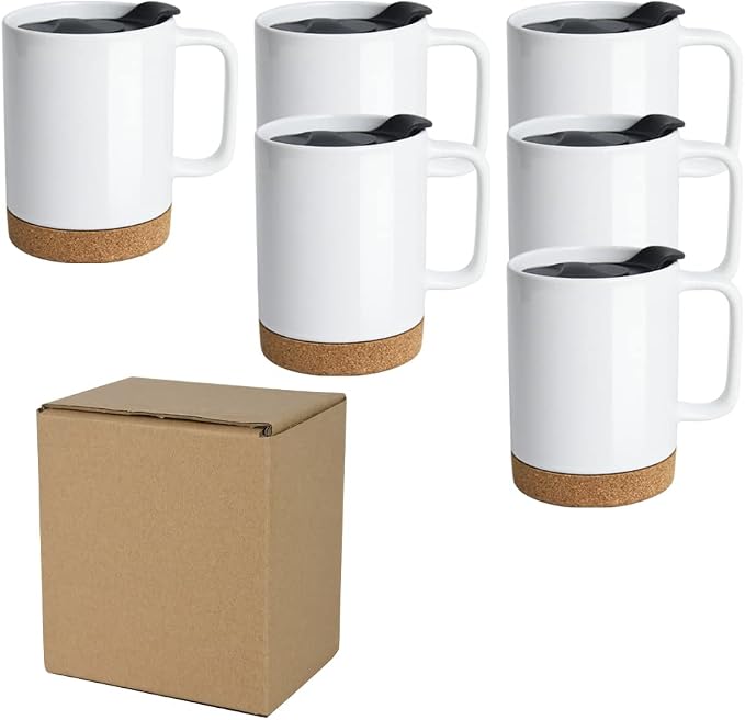 14oz Sublimation Coffee Mugs,Case of 6 Pieces | Removeable Cork Bottom and Splash Proof Lid Mug,with Brown Mail Order Box