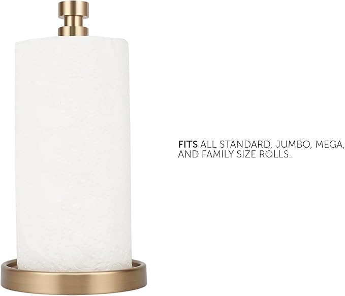Ivilon Countertop Paper Towel Holder - Weighted Heavy Duty Steel Stand with Non-Slip Base for a Steady One-Handed One Sheet Tear - Fits All Rolls - Warm Gold