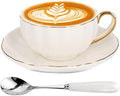 ONEUSTAR Tea Cup and Saucer Set for 1 Bone China English Tea Cup with Spoon 8 oz Teacup Coffee Cappuccino Latte Mug with Gold Trim, White