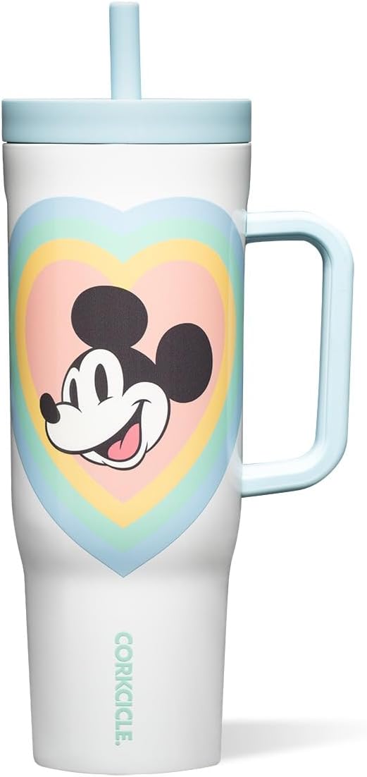 Corkcicle Cruiser Insulated Tumbler - Stainless Steel Tumbler with Handle & Straw, Leak Proof for Cold Drinks, Triple Insulated Spill Proof Cupholder Friendly BPA-Free 40oz Disney Mickey Retro Rainbow