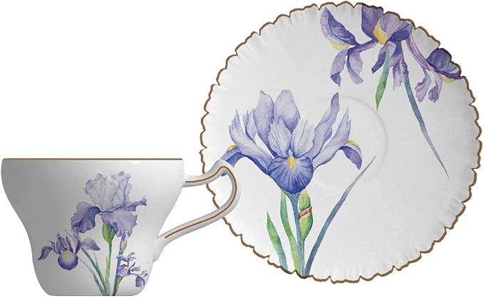 Bone China Tea Cup Set with Saucer and Spoon, 3 Piece, 7oz, Cappuccino and Latte Cups, Porcelain, British Style, Mother's Day Gift (Purple Iris)