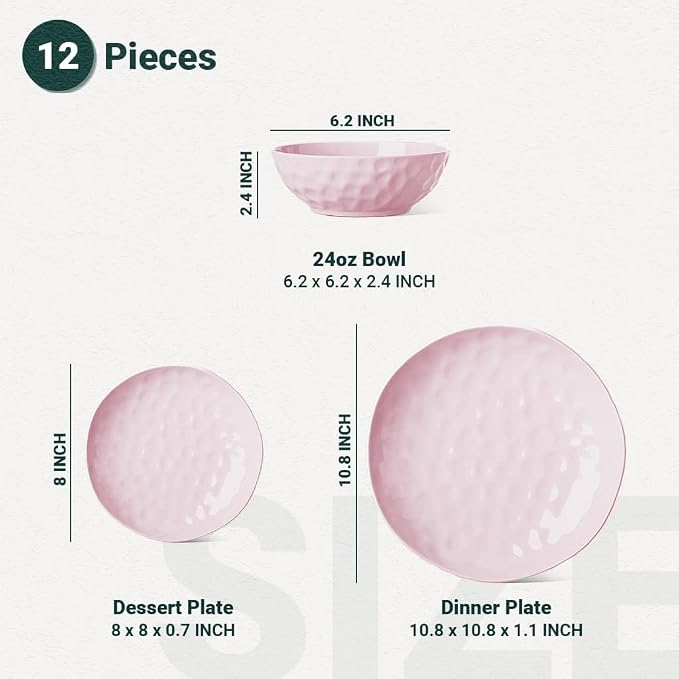 HOMBENE Plates and Bowls Sets, Dinnerware Set 12 Piece Service Porcelain Dinnerware for 4, for Dessert Salad and Pasta, Sakura Pink Dishes