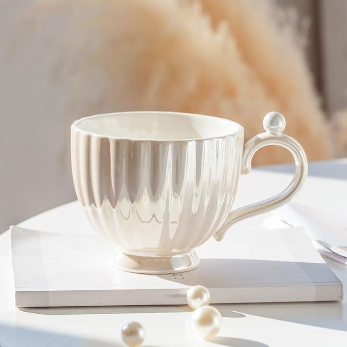 Pearl Shell Ceramic Coffee Mug with Coaster Set for Tea Latte Milk Cute Cup with Saucer for Home Office Women Gift 6.5 oz (Shell Gradient Pink, 240 ml)