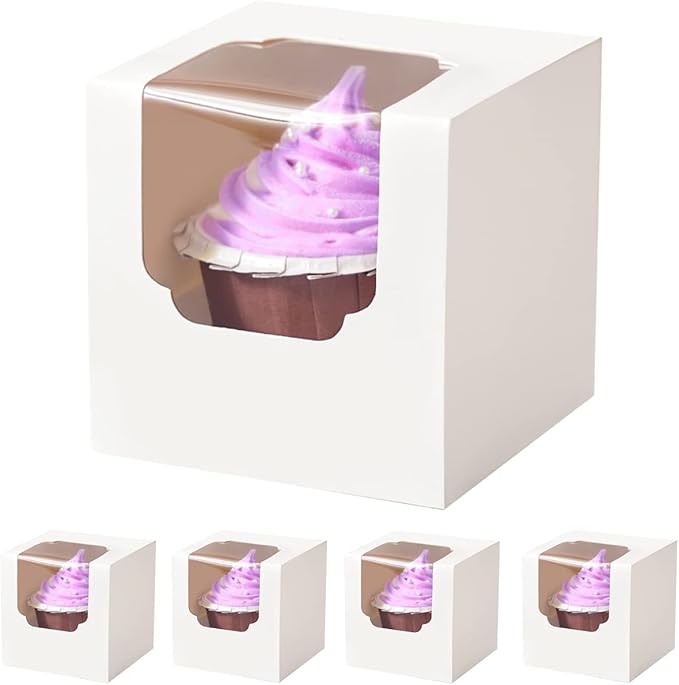 White Cupcake Boxes Individual 15 Count Pre-Assembled with Window and Inserts, Individual Cupcake Containers Auto-Popup for Wedding Baby Shower Mothers Day Birthday 3.5" x 3.5" x 3.5"