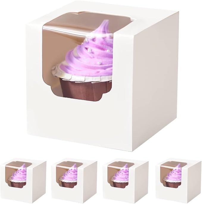 60 Pcs Cupcake Boxes Individual White with Insert, Auto Popup Single Cupcake Containers Hot Cocoa Bomb Boxes with Window forTreats Chocolate Strawberries Cookies Gifting