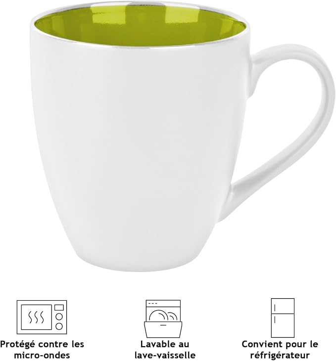 MIAMIO - Set of 6 Coffee Mugs 12 oz – Modern Ceramic Coffee Cup Set in White Multicolor – Large Coffee Cups for Coffee, Tea and Cappuccino – Dishwasher and Microwave Safe