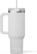 RTIC 40 oz Road Trip Tumbler Double-Walled Cermaic Lined Insulated Stainless Steel Portable Travel Coffee Mug Cup with Lid, Handle and Straw, Cool Grey
