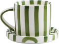 Cup and Saucer Set Hand-Painted Green Stripes, 8 Oz Ceramic Coffee Mug, Espresso Cups, Porcelain Coffee Cup for Cappuccino, Espresso, Coffee, Tea, Cafe Mocha, Latte, Set of Cup Gift for Coffee Lover