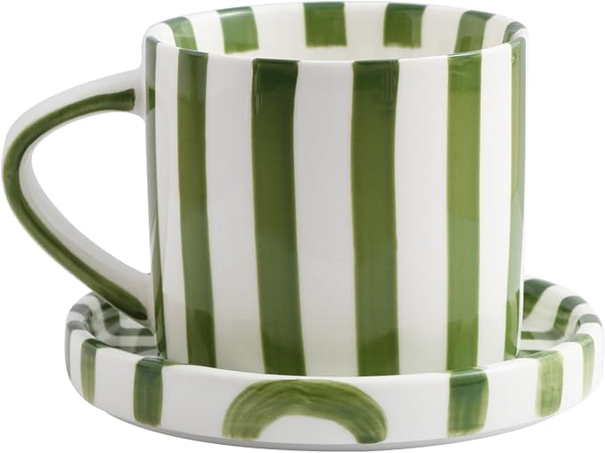 Cup and Saucer Set Hand-Painted Green Stripes, 8 Oz Ceramic Coffee Mug, Espresso Cups, Porcelain Coffee Cup for Cappuccino, Espresso, Coffee, Tea, Cafe Mocha, Latte, Set of Cup Gift for Coffee Lover