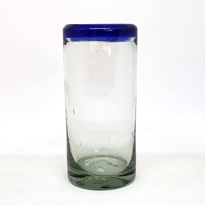 Cobalt Blue Rim 14 oz Highball Glasses (set of 6), Recycled Glass, Lead-free, Toxin-Free (Highball)