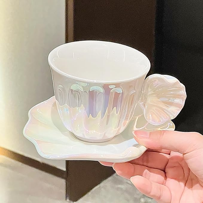 Pearl Shell Ceramic Coffee Mug with Shell Coaster Set for Tea Latte Milk Cute Cup with Saucer for Home Office Women Gift 6.5 oz (Milk coffee S, 270 ml)