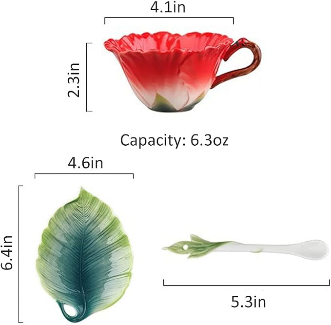 WAYUTO 3D Ceramic Coffee Mug and Saucer Set with Spoon Flower Leaf Coffee Mug Tea Cup with Decorative Handle Vintage Floral Drinking Cups Unique Gifts for Birthday Wedding Christmas 6oz Red