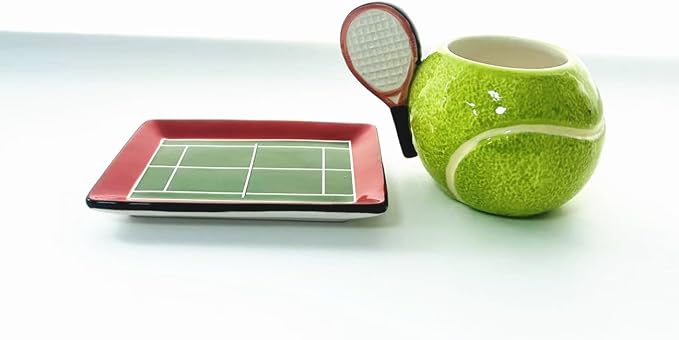 Ceramic Coffee Mug and Saucer set, 3D Handmade and Hand-painted Tennis and Tennis Court Design Tea Mug, 250ml(8.45oz)