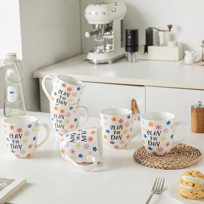 16OZ Ceramic Slay the Day Coffee Mugs Set, Large Colorful Coffee Cups with Handles for Milk, Tea, Latte, Mocha, Cocoa, Cappuccino, Porcelain Cups Gift for Holiday or Anniversary (4PCS)