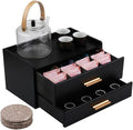 Tea Organizers and Storage Box with Drawer Tea Station organizer for Countertop with 8 Compartments Pine Wood Tea Bag Organizer with Drawer Teabag Holder with 4 Cotton Woven Coasters（Black02）