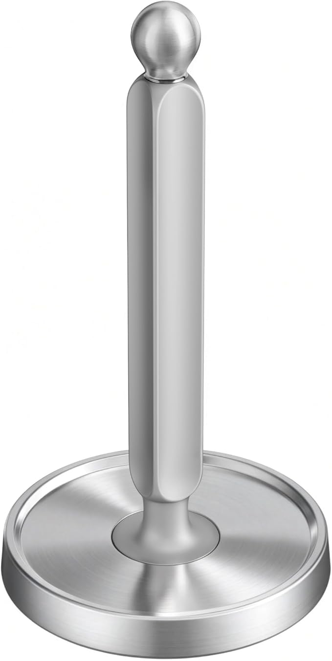 theaoo Paper Towel Holder Countertop, One-Handed Tear Paper Towel Stand Dispenser with Damping Function for Kitchen Bathroom, Stainless Steel Paper Towel Holder with Weighted Non-slip Base (1, Silver)