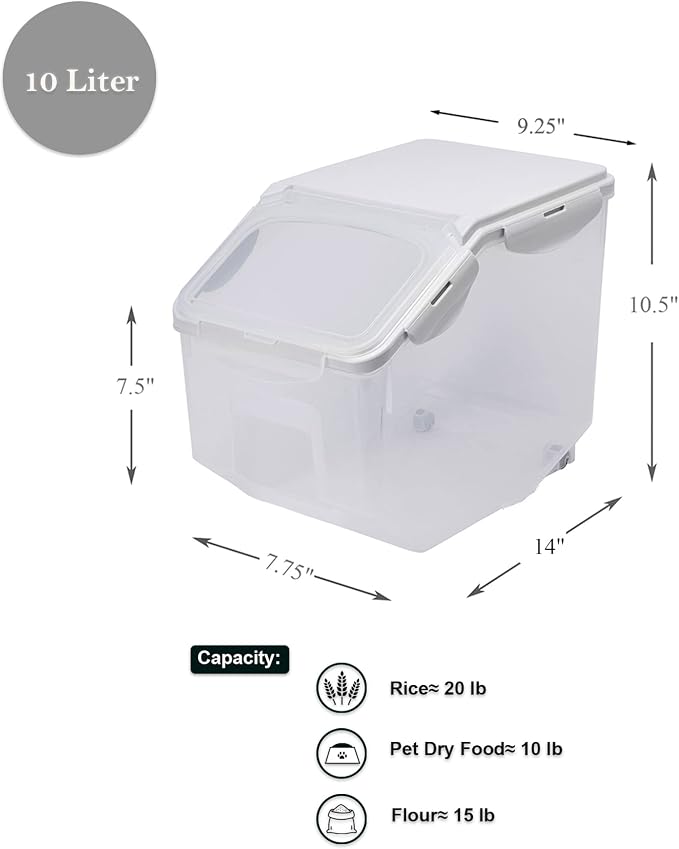 HANAMYA 10 Liter / 20 lbs Rice Storage Container with Measuring Cup, BPA free, For Rice | Grain | Pet Food | Flour, 2 counts, Clear