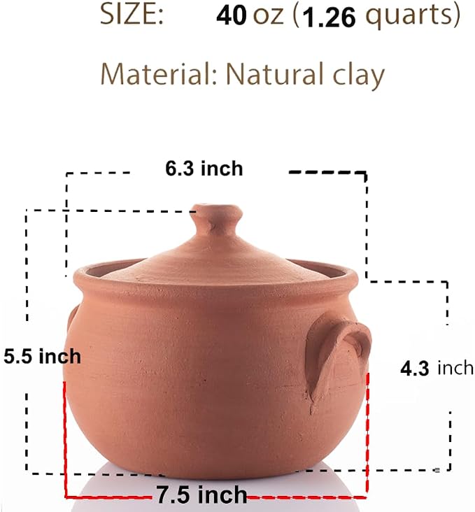 Small Earthenware Clay Mexican Mud Eathern Terracotta Cooking Pot Pottery Cazuela Cookware with Lid Natural Stovetop Stove Top Stone Stew Rice Unglazed Indian Kitchen Oven Terra Cotta Handcrafted Traditional Healthy (1.2 Quarts - Size2)