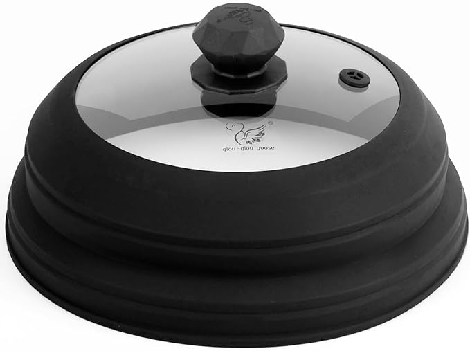 Microwave Splatter Cover Vented Glass Cover Splatter Guard Lid with Collapsible Silicone for Food as Pot Cover Plate Cover 10.8 inch for 6 7 8 9 10 inch Plate Bowl Black