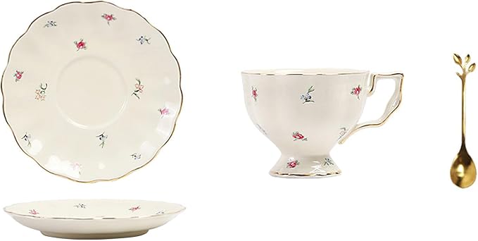 Porcelain Tea Cup and Saucer Set, 8.5 oz/250 ml Ceramic Coffee Mug with Saucer and Spoon, Vintage Coffee Cup with Gold Trim and Gift Box for Mom Women Mother's Day, Flowers Pattern