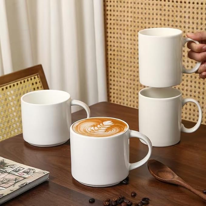 15 OZ Stackable Coffee Mugs Set, Ceramic Coffee Cups with morandi color for Au Lait, Cappuccino,Latte,Cafe,Mocha,Tea, Suit Party Housewarming Wedding, Set of 4, Dishwasher&Microwave Safe, White