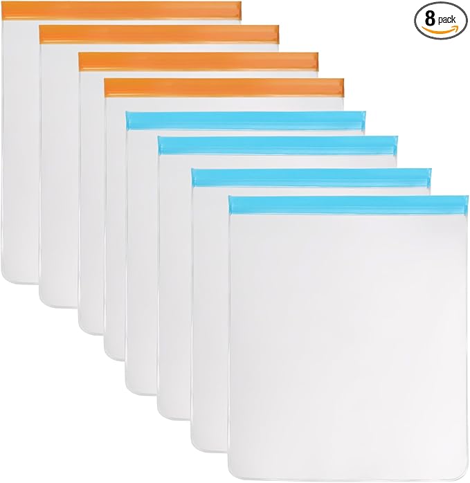 Reusable 2 Gallon Freezer Bags, Reusable Freezer Bags 2 Gallon Capacity 13"x15.6", Leakproof BPA Free Food Storage Bags for Marinate Meats, Vegetables, Home Organization (Multicolor 8 Pack)
