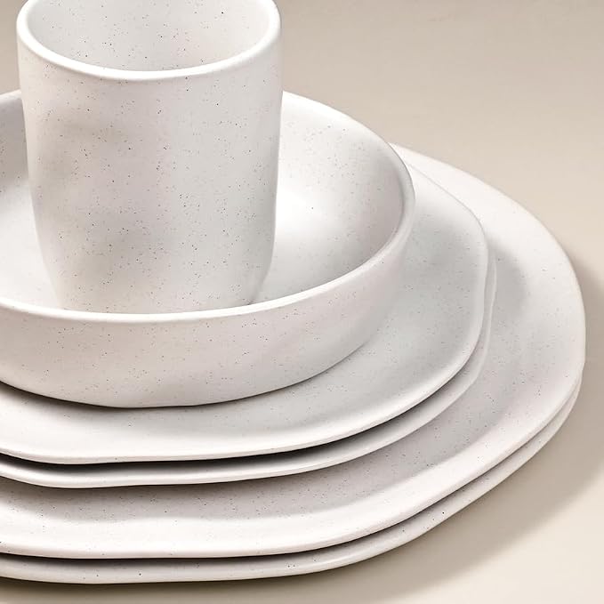 Cabtnca Plates and Bowls Sets for 4, 16 Pcs Modern Stoneware Dinnerware Sets, Highly Chip Scratch Resistant, Microwave & Dishwasher Safe, Irregular Dish Set for Kitchen Home, Speckled White