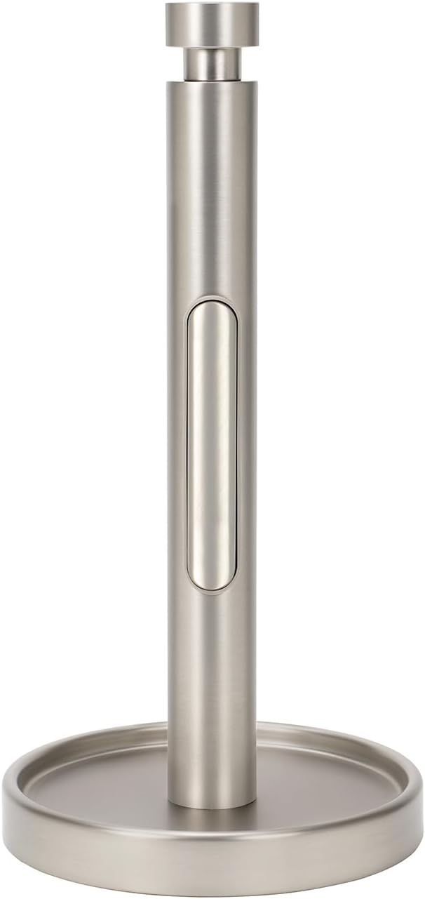 Ivilon Countertop Paper Towel Holder - Weighted Heavy Duty Steel Stand with Non-Slip Base for a Steady One-Handed One Sheet Tear - Fits All Rolls - Brushed Nickel