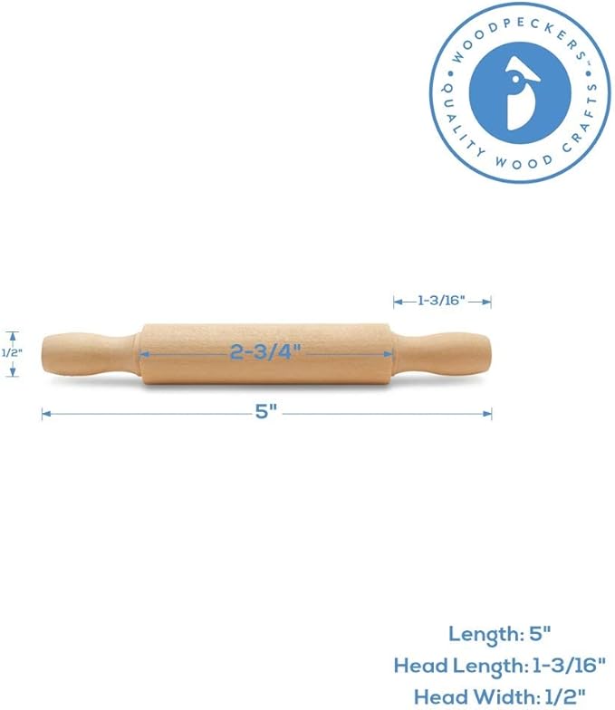 Wooden Mini Rolling Pin, 5 Inches Long, Pack of 6, Great for in The Kitchen and Crafting, Party Favors by Woodpeckers