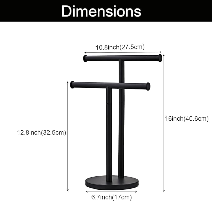 Hand Towel Holder, NEWRAIN Double Countertop Hand Towel Holder Stand, Stainless Steel Free Standing Hand Towel Rack with Heavy Base, for Bathroom Kitchen & Counter top, Matte Black