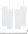 Volhoply 16oz Plastic Skinny Tumbler with Lid and Straw Bulk 4 Pack,Insulated Double Wall BPA Free Matte Acrylic Tumblers,Iced Coffee Travel Mug Reusable Party Cup,Customizable Diy Gifts(White,4 Set)