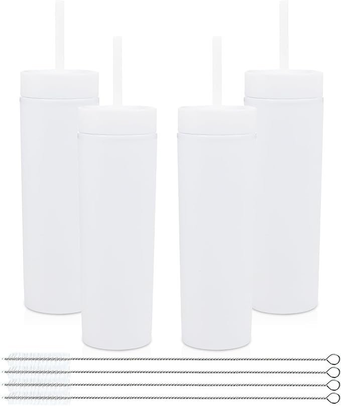 Volhoply 16oz Plastic Skinny Tumbler with Lid and Straw Bulk 4 Pack,Insulated Double Wall BPA Free Matte Acrylic Tumblers,Iced Coffee Travel Mug Reusable Party Cup,Customizable Diy Gifts(White,4 Set)