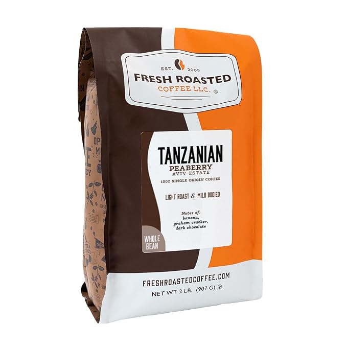 Fresh Roasted Coffee, Tanzanian Peaberry Whole Bean Coffee, Light Roast, Kosher, 2 lb (32 oz)