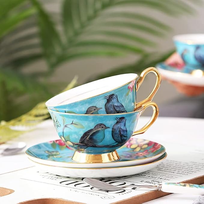 Bone China Blue Bird Tea Cup with Saucer Spoon 3 Piece Set（7oz） Cappuccino Cups, Coffee Cups, Tea Cup Set, British Coffee Cups, Porcelain Tea Set, Latte Cups, Mother's Day Gift