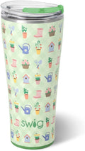 Swig Life 32oz Insulated Tumbler, Travel Coffee Tumbler with Lid, Cup Holder Friendly Travel Coffee Mug, Stainless Steel, 32 oz, Reusable Insulated Mug with Lid (Green Thumb)