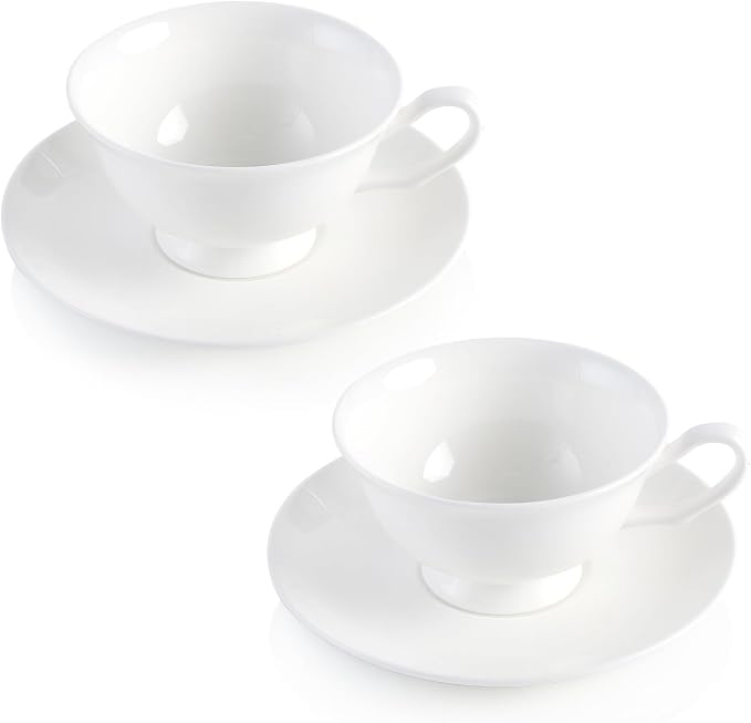 Fine Bone China Espresso Cups and Saucers Set of 2, 5 Oz Classic White Tea Cup Set for Coffee, Cappuccino, Latte, Afternoon Tea, Wedding, Festival Gift