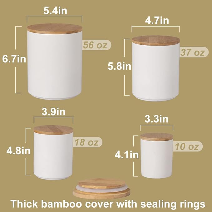 Sweejar Kitchen Canisters Ceramic Food Storage Jar Set, Stackable Containers with Airtight Seal Wooden Lid for Serving Ground Coffee, Tea, Herbs, Grains, Sugar, Salt - Set of 4 (White)