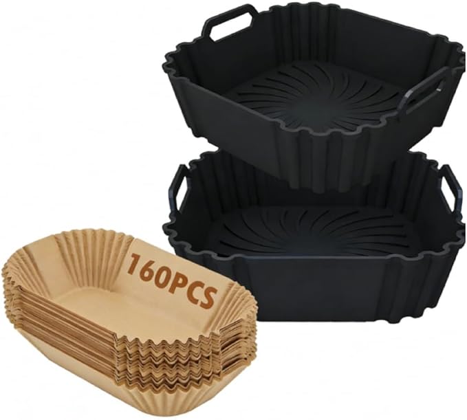 160Pcs 9.5x5 Bread Pan Liners+2 Pack Reusable Silicone Air fryer basket liners