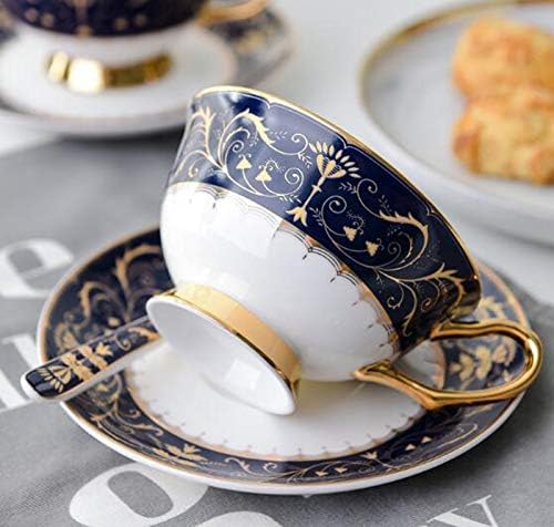 YBK Tech Euro Style Bone China Cup& Saucer Set, Ceramic Tea Coffee Cup for Home Kitchen Wedding (Royal Pattern- Deep Blue)