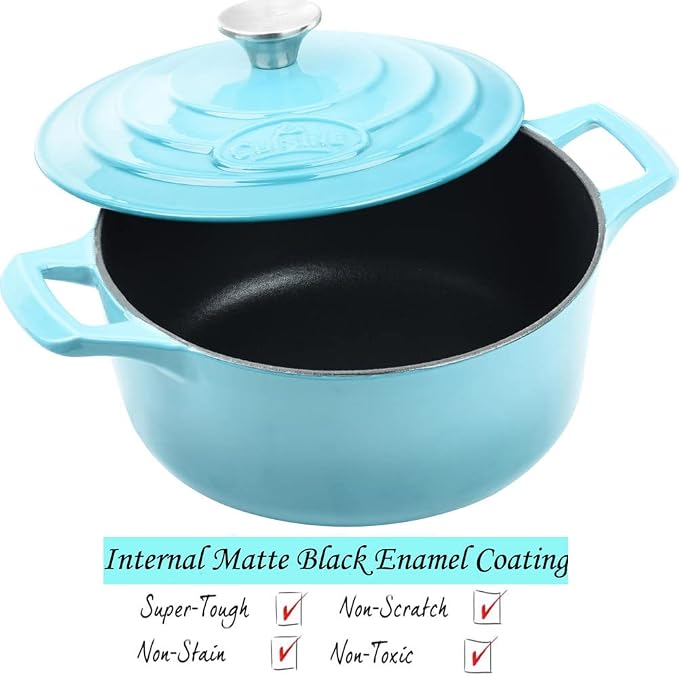 La Cuisine Enameled Cast Iron Dutch Oven Casserole Dish Pot with Lid, 2.1 QT 7.8" /20cm Dia. Internal Matt Black Enamel Coating, 2-tone Teal Enamel Exterior, Oven Safe up to 500° F for bread baking