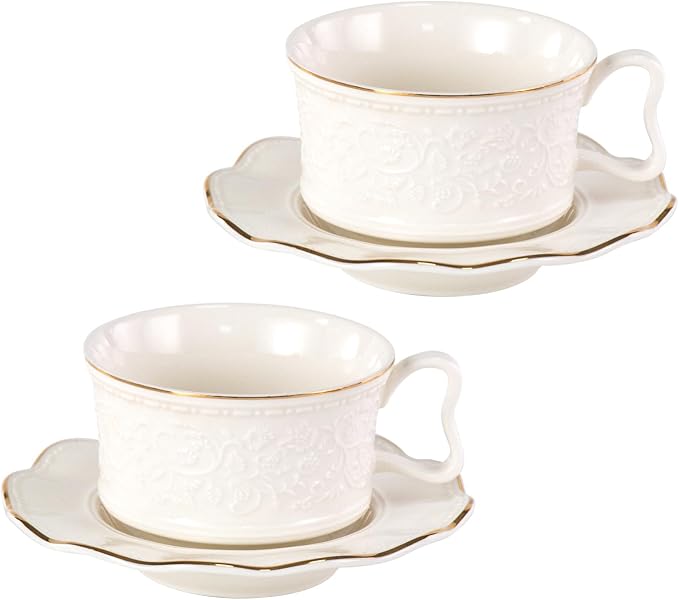 KAMMAK Tea Cups and Saucers Set of 2, Porcelain Coffee Cups with Saucers, Ceramic Espresso Mugs for Coffee, Latte, Americano, Tea, 7.8oz Elegant Teacup and Saucer (YFH3)