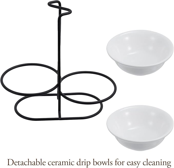 MyGift Countertop Ceramic Spoon Rest with Matte Black Metal Stand, Upright Ladle Holder Rack with 2 Bowl Dish